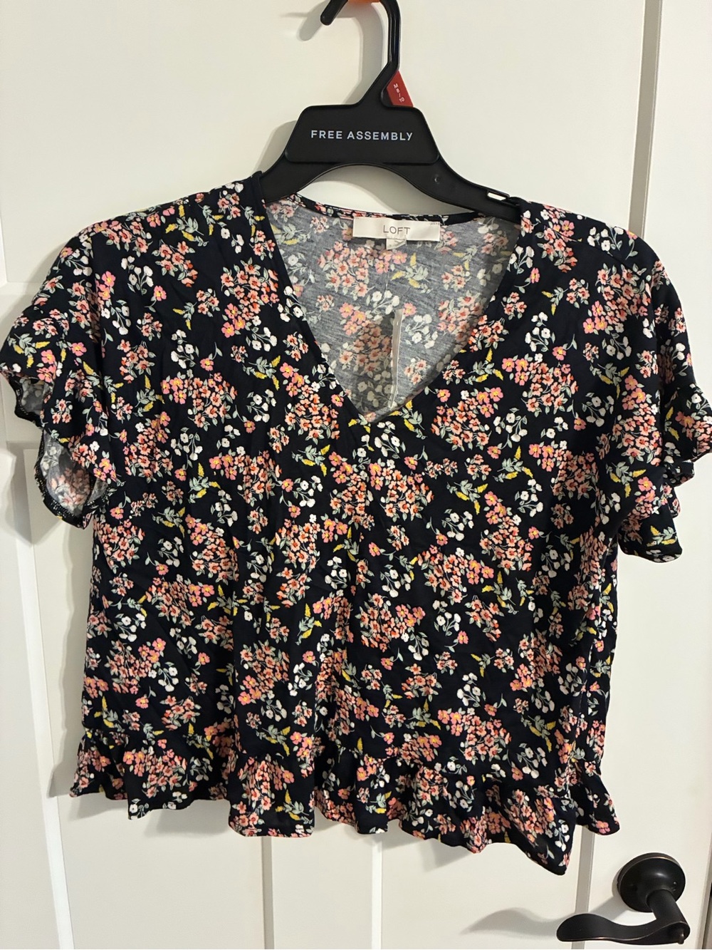 LOFT Black Floral V-Neck Ruffle Hem Blouse - Pink & White Floral